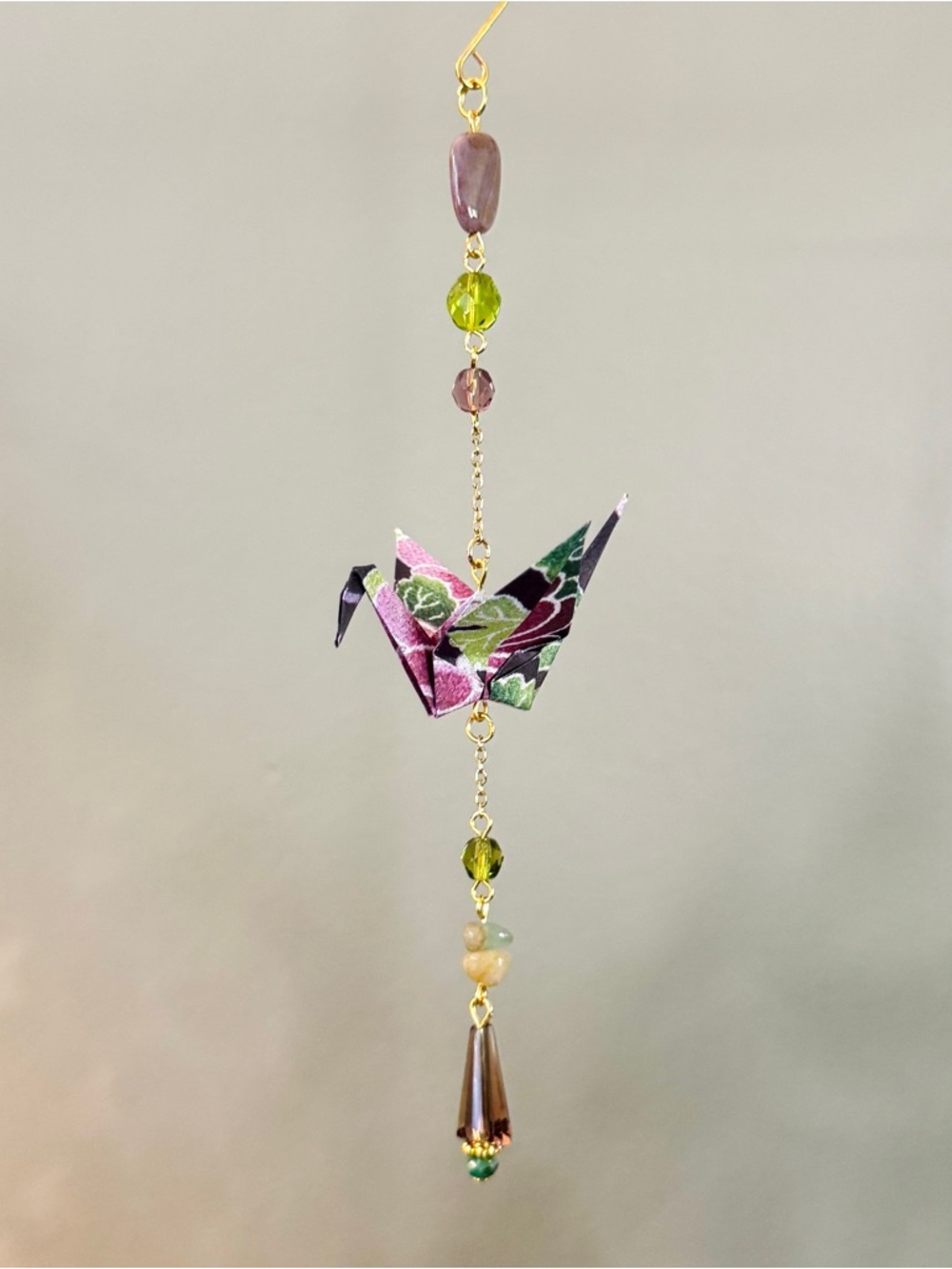 Origami Ornament #2487 - Small Crane with Glass and Stone Beads